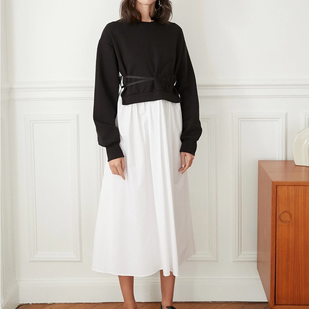 Pixie Market Black White 2-in-1 Long Sleeve Sweatshirt top Midi Dress Co-ord Set